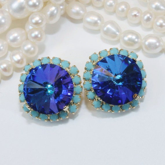 Royal Blue Clip On Earrings Turquoise Sapphire Blue Swarovski Etsy