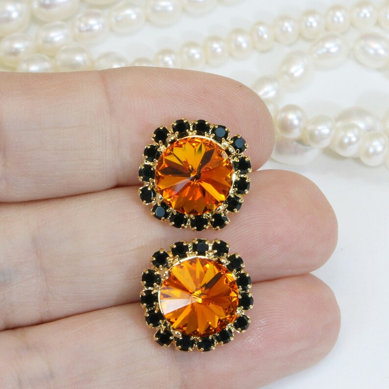 Halloween Earrings Black Orange Swarovski Crystal Studs Black Etsy