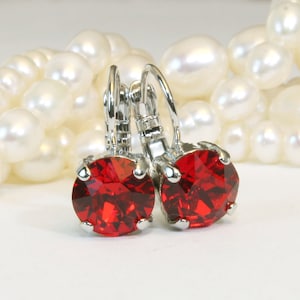 Op de afbeelding: Een paar zilveren oorbellen met rode kristallen. De oorbellen hebben een sluiting met een hendel.