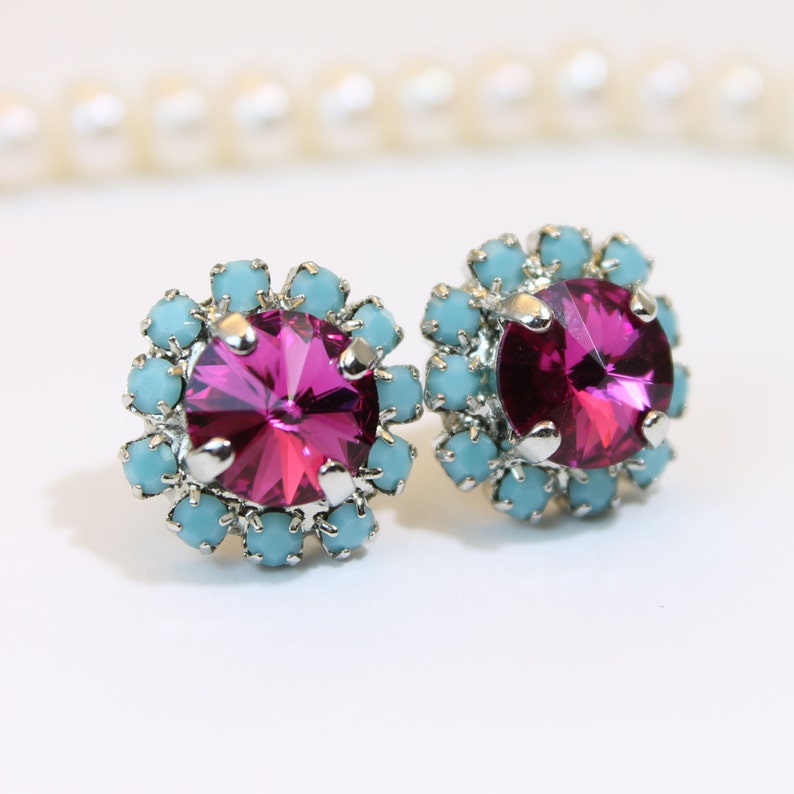 Aqua Pink Stud Earrings Fuchsia Turquoise Studs European Etsy