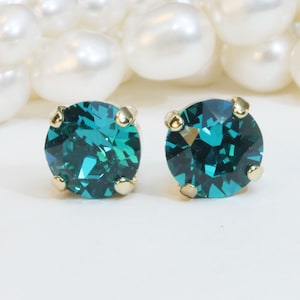 Teal Stud Earrings, Peacock Blue Wedding Jewelry, Teal Gold Prom Studs, Crystal Stud Earrings, Blue Zircon Earrings, Gemstone, 8mm GE1 image 1