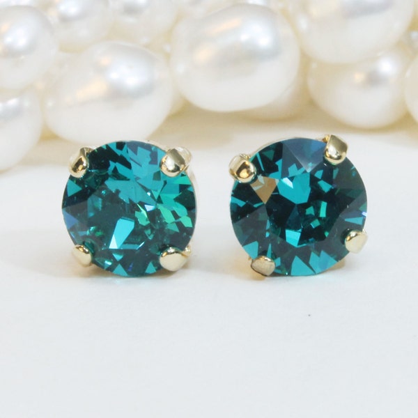 Teal Stud Earrings, Peacock Blue Wedding Jewelry, Teal Gold Prom Studs, Crystal Stud Earrings, Blue Zircon Earrings, Gemstone, 8mm GE1