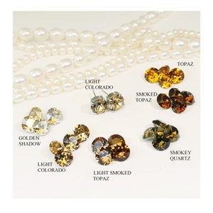 May include: Assortment of round, faceted glass stones in various shades of brown, gold, and clear. The stones are labeled with their names: Golden Shadow, Light Colorado, Light Smoked Topaz, Smoked Topaz, and Smokey Quartz.