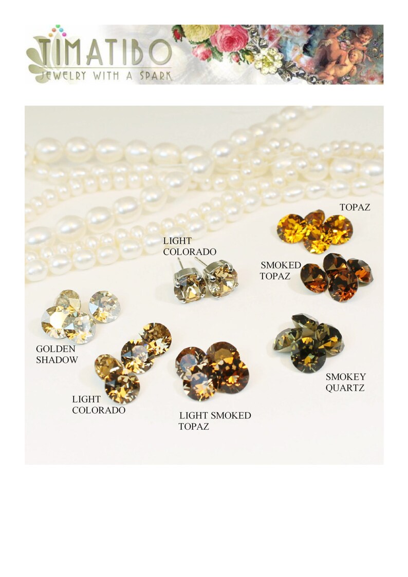 May include: Assortment of round, faceted glass stones in various shades of brown, gold, and clear. The stones are labeled with their names: Golden Shadow, Light Colorado, Light Smoked Topaz, Smoked Topaz, and Smokey Quartz.