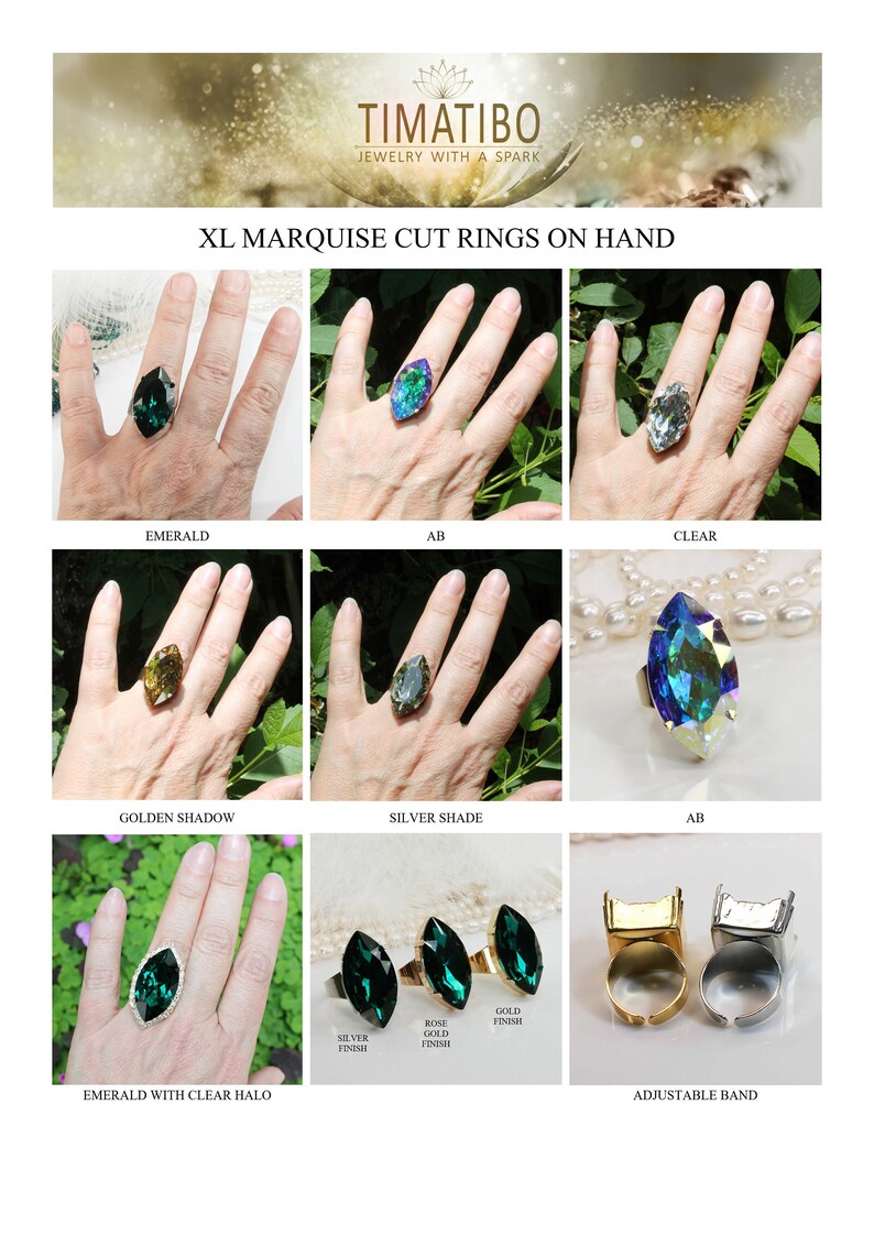 May include: XL Marquise cut rings on hand in various colors and finishes, including emerald, AB, clear, golden shadow, silver shade, and adjustable band.