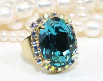 Teal Blue Ring Adjustable Green Aqua AB Peacock Oval Cocktail Ring Statement Ring, European rhinestone Crystal Gold finish ,Indicolite GR39