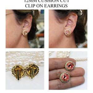 May include: A pair of gold clip-on earrings featuring a 12mm cushion cut pink crystal surrounded by smaller clear crystals. The earrings are made with Swarovski elements. The earrings are shown on a model's ear and on a white pearl necklace.