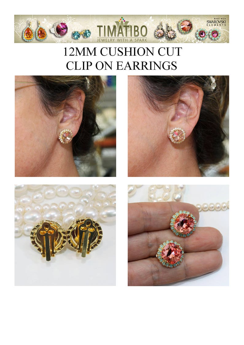 May include: A pair of gold clip-on earrings featuring a 12mm cushion cut pink crystal surrounded by smaller clear crystals. The earrings are made with Swarovski elements. The earrings are shown on a model's ear and on a white pearl necklace.