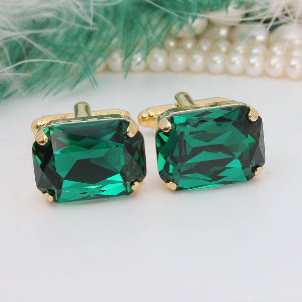 Boutons de manchette de mariage émeraude, Boutons de manchette de marié, Boutons de manchette en cristal vert, Bijoux pour le père de la mariée, Boutons de manchette pour chemise de costume, Cadeaux pour homme, GA13