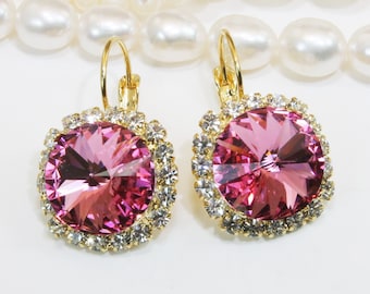Pink Earrings Rose pink Bridal European Crystal Bridesmaids Earrings Dangle Valentines Gift Cancer Awareness,Wedding 14mm,Gold,Rose,GE110