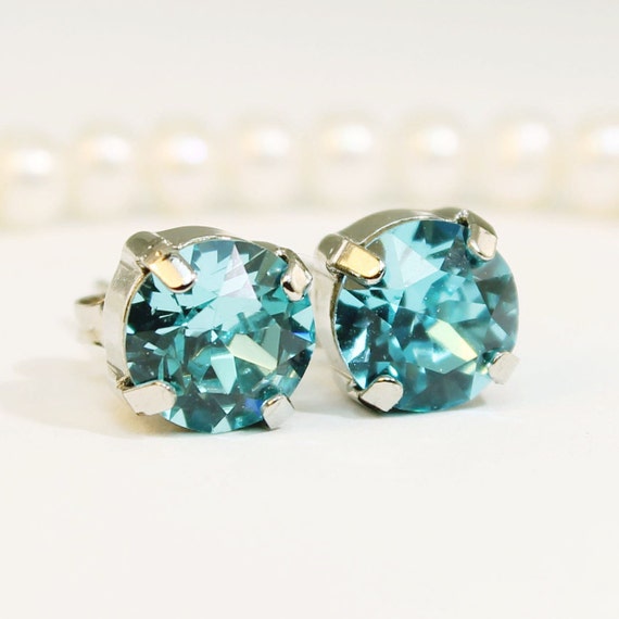 Aqua Blue Studs,Teal European Crystal Post Earrings Light Turquoise 8mm European studs,post earrings,Aqua wedding, Silver finish,GE1