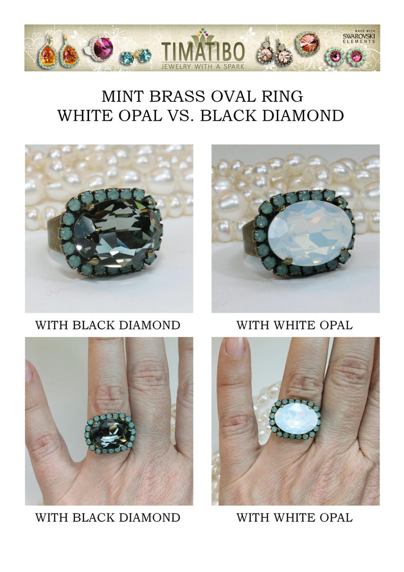 May include: An oval brass ring featuring a large central stone surrounded by small mint-colored crystals. The design is available with either a dark black diamond-colored stone or a milky white opal-colored stone, both set in a vintage-style brass band.