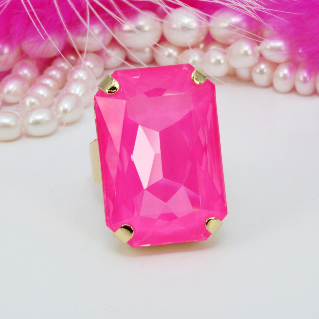 Neon Pink Crystal Ring, Electric Color Rectangle Cocktail Ring, Hot ...