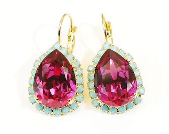 Fuchsia Turquoise Earrings Pink Blue Aqua Hot Pink Chandelier Drop Earrings Crystal teardrop earrings European Crystals Gold finish, GE101