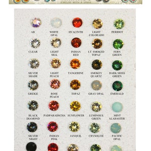 May include: Chart of 24 different colored Swarovski crystal beads, labeled with their names, such as "Black Diamond", "Light Peach", "Indian Pink", and "Golden Shadow".