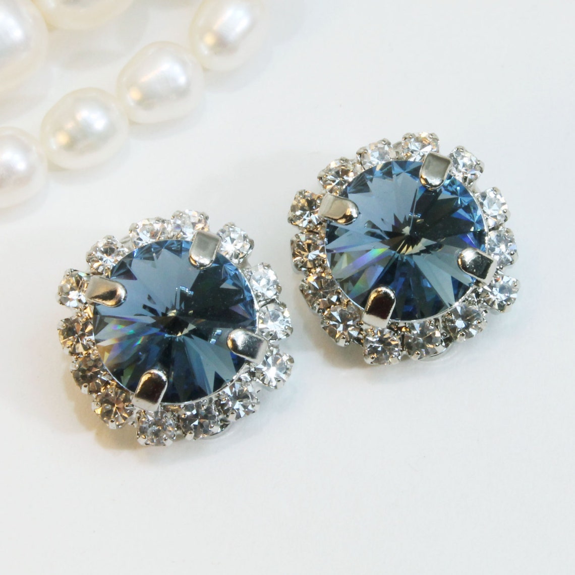 Navy Blue Clip Earrings European Crystal Clip on Large Clear Etsy