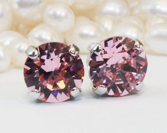 Pink Studs Pale Pink Crystal Stud Earrings Pink Wedding Single stone Light Pink 8mm Studs European post earrings,Silver,Light Rose,SE1