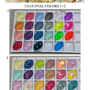 May include: Two white plastic trays containing 13x18 oval-shaped faceted crystals in various colors. The image includes the text TIMATIBO JEWELRY WITH A SPARK and 13x18 OVAL COLORS 1+2, with numbered grids organizing the individual crystal pieces.