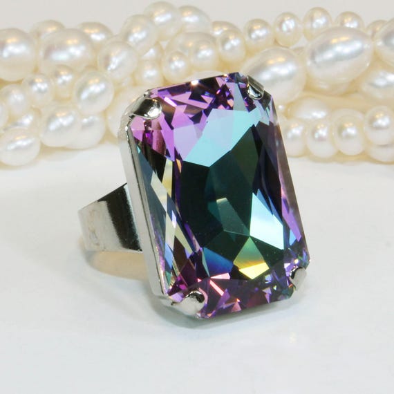 Purple Aqua Crystal Ring Bridal Blue Violet Cocktail Swarovski | Etsy
