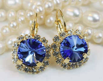 Sapphire Blue Earrings Royal Blue European Crystal Drop Earrings Sapphire Blue Clear Halo large Bridal Crystal earring,Gold,Sapphire,GE98