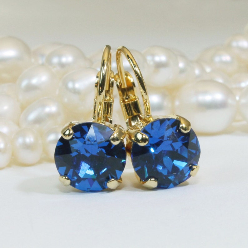 Royal Blue Earrings Gold Cobalt Blue European Crystal Electric Blue 8mm single stone Drop Earrings Rhinestones,Gold finish,Capri Blue,GE2 image 1