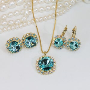 Aqua Blue European Pendant Necklace Aqua Bridesmaids Gift Set 14mm Rivoli Cut Aqua Wedding Something Blue,Gold finish,Light Turquoise,GN84