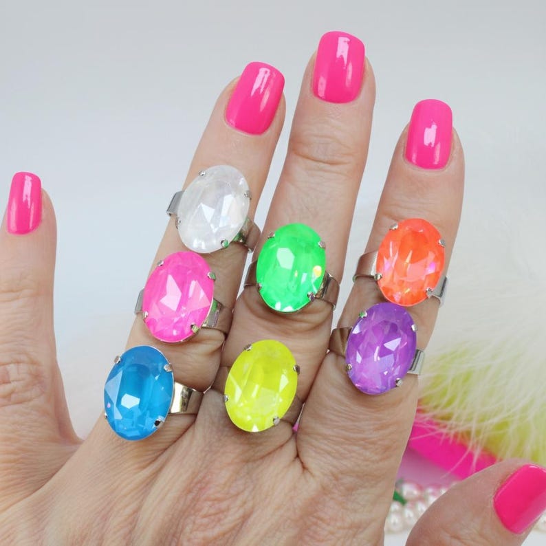 Neon Color Cocktail Ring, Bright Oval Crystal Ring, Colorful Adjustable ...