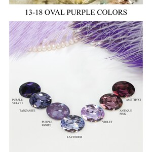 May include: A collection of seven oval-shaped purple gemstones arranged in a semi-circle. The stones are labeled with the text: Purple Velvet, Tanzanite, Purple Ignite, Lavender, Violet, Antique Pink, and Amethyst. The brand name Timatibo is at the top.
