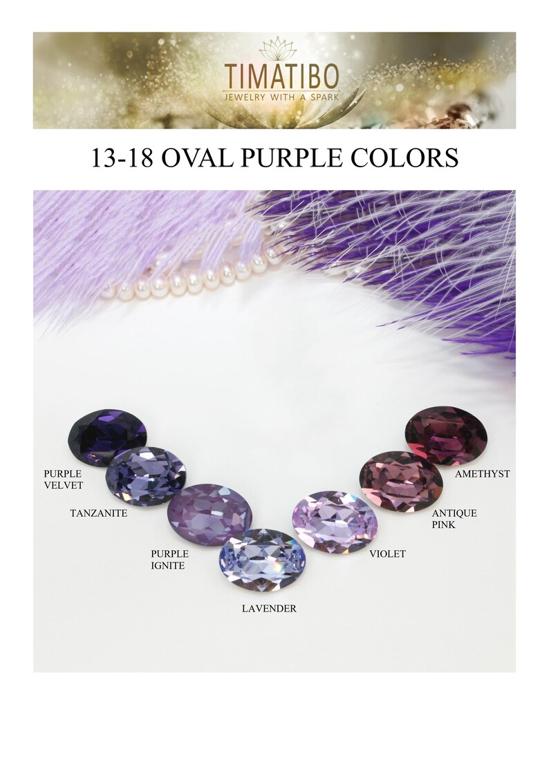 May include: A collection of seven oval-shaped purple gemstones arranged in a semi-circle. The stones are labeled with the text: Purple Velvet, Tanzanite, Purple Ignite, Lavender, Violet, Antique Pink, and Amethyst. The brand name Timatibo is at the top.
