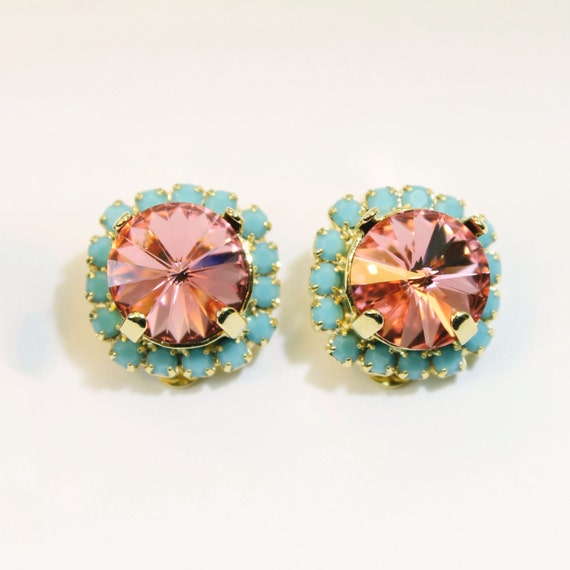 Coral aqua Clip Earrings Peach Clip On Crystal Earrings | Etsy