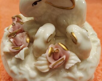 Trinket Box Mother Rabbit and Bunnies Porcelain