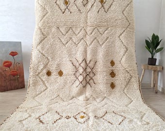 Handmade Beni Ourain Rug: Cream & Brown Moroccan Wool Carpet