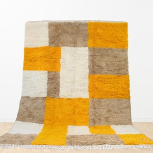 Color Block Beni Ourain Rug – 6x9 Handmade Moroccan Wool Shag Area Rug | Yellow and Beige Checkered Carpet | Modern Boho Living Room Decor