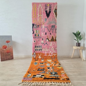 Handmade Pink Moroccan Runner Rug: Berber Wool Boujaad Style