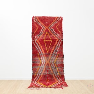 Moroccan Vintage Runner Rug – 2.6x7.5 ft Handwoven Berber Red Rug | Tribal Wool Hallway Carpet | Unique Boho Runner Decor