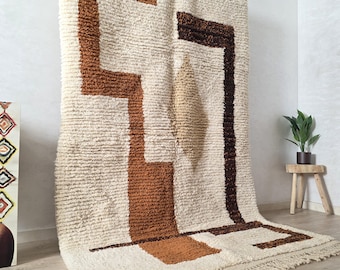 Handmade Beni Ourain Rug: Cream & Brown Moroccan Wool Carpet