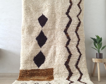 Handmade Beni Ourain Rug: Cream & Brown Moroccan Wool Carpet