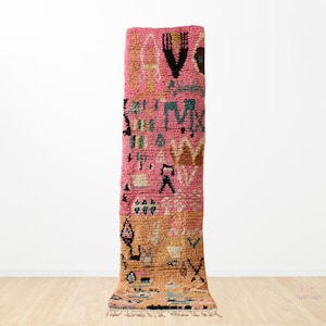 Pink Moroccan Runner Rug: Handwoven Wool Berber Rug, Boho Hallway Decor
