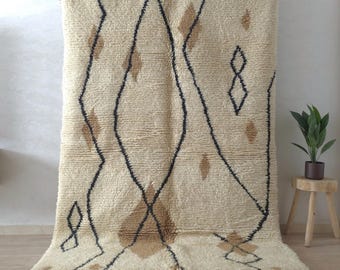 Handmade Beni Ourain Rug: Cream & Brown Moroccan Wool Carpet