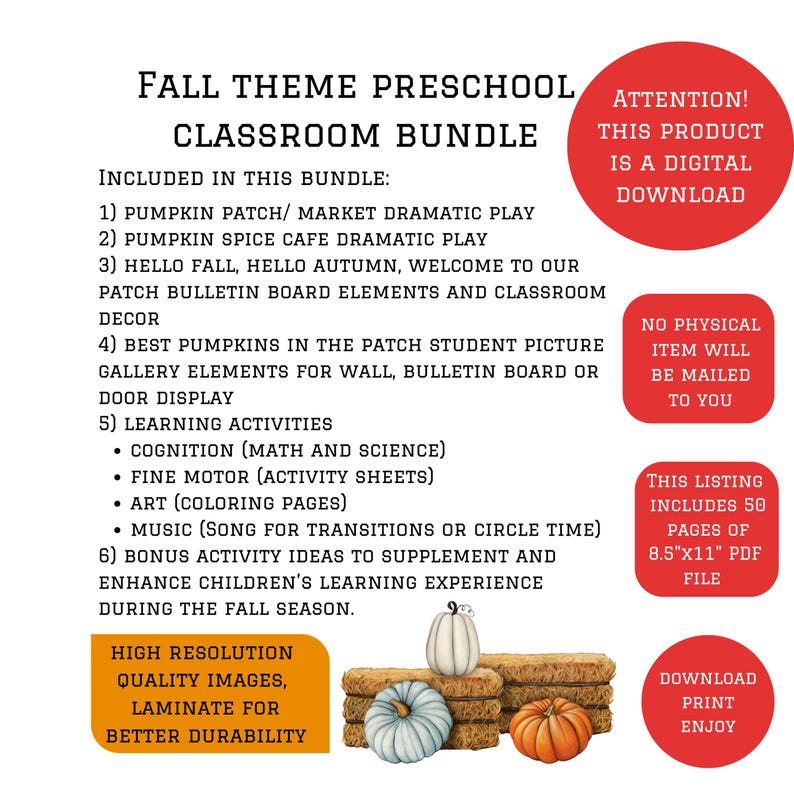 Paquete de otoño para el aula con juego dramático de calabazas, juego de simulación otoñal, tablón de anuncios, decoración otoñal y actividades para la educación en casa y preescolar. imagen 8