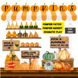 Paquete de otoño para el aula con juego dramático de calabazas, juego de simulación otoñal, tablón de anuncios, decoración otoñal y actividades para la educación en casa y preescolar. imagen 2