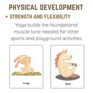 May include: Educational cards with illustrations of yoga poses. The cards feature a bunny in a lunge pose and a unicorn in a boat pose. Text at the top reads "Physical Development" and "Strength and Flexibility."