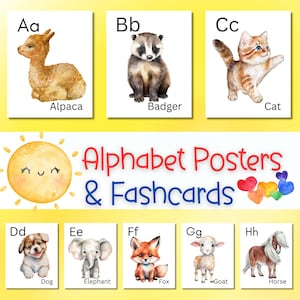 Alphabet Posters and Flashcards of Beautiful Watercolor Animals for Classroom Decor, Elementary Learning Resource, Home School,ABC Flashcard
