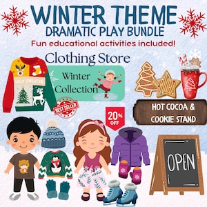 May include: A winter-themed dramatic play bundle with a clothing store, hot cocoa and cookie stand, and a variety of winter clothing items. The clothing store has a sign that says "Winter Collection" and a "Best Seller" sticker. The hot cocoa and cookie stand has a sign that says "Hot Cocoa & Cookie Stand" and a chalkboard that says "Open". The clothing items include a sweater, a hat, a jacket, gloves, and ice skates.