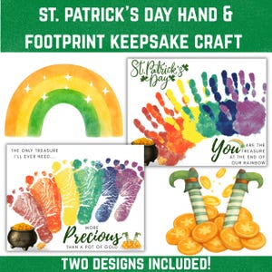 Puede incluir: Artesanía de recuerdo del Día de San Patricio con huellas de manos y pies en colores arcoíris. El texto dice: "Eres el tesoro al final de nuestro arcoíris" y "Más precioso que un pote de oro". Se incluyen dos diseños.