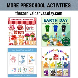 May include: Image featuring various preschool activity printables. Includes Valentine's Day play, Earth Day activities, number flashcards, and a color activity chart. The text "MORE PRESCHOOL ACTIVITIES" and the Etsy shop URL are displayed at the top.