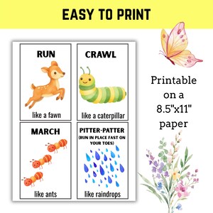 以下が含まれることがあります： 「RUN」「CRAWL」「MARCH」「PITTER-PATTER」の文字と、子鹿、イモムシ、アリ、雨粒のイラストが描かれた、印刷可能な教育用ポスターです。「EASY TO PRINT」の文字が上部にあります。21.6 x 27.9 cmの紙に印刷できます。