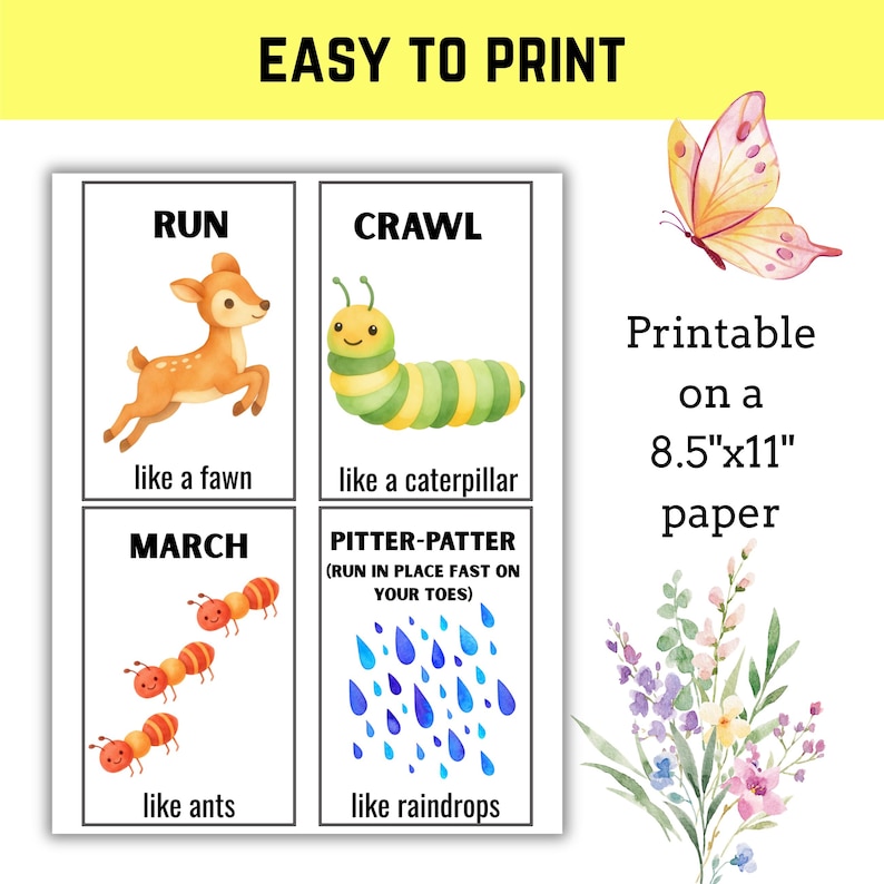 以下が含まれることがあります： 「RUN」「CRAWL」「MARCH」「PITTER-PATTER」の文字と、子鹿、イモムシ、アリ、雨粒のイラストが描かれた、印刷可能な教育用ポスターです。「EASY TO PRINT」の文字が上部にあります。21.6 x 27.9 cmの紙に印刷できます。