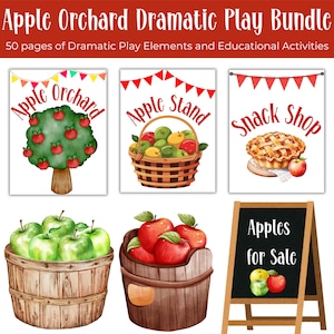May include: An illustration of an apple orchard dramatic play bundle. The image includes signs for an apple orchard, apple stand, and snack shop. There are also images of apples in wooden barrels and a chalkboard sign that says "Apples for Sale".