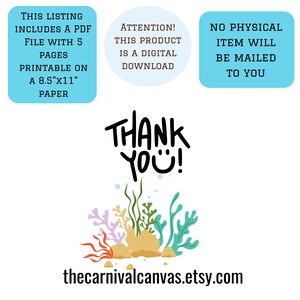 May include: Digital download graphic with the text "Thank You!" in a playful font, accompanied by an illustration of coral and seaweed. The image includes text stating the listing is a PDF file with 5 pages, printable on 8.5"x11" paper, and is a digital download.